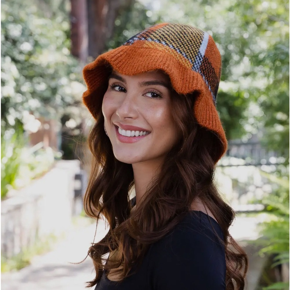 Rust Plaid Sweater Beanie Bucket Hat